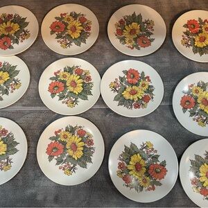 Vintage 70’s Melmac 6 Flower Coffee  Saucers 8 Small Desert Plates Lot